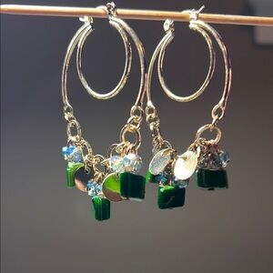 Gold Hoop Earrings with Green and Gold Accents